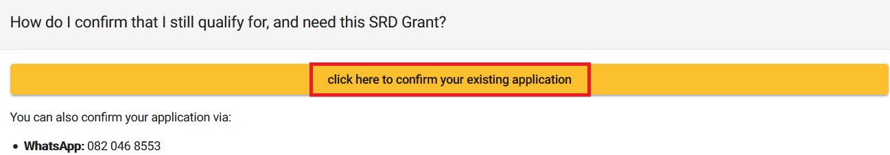 SRD confirm existing application | Confirm Existing SASSA Application for SRD R350 Grant